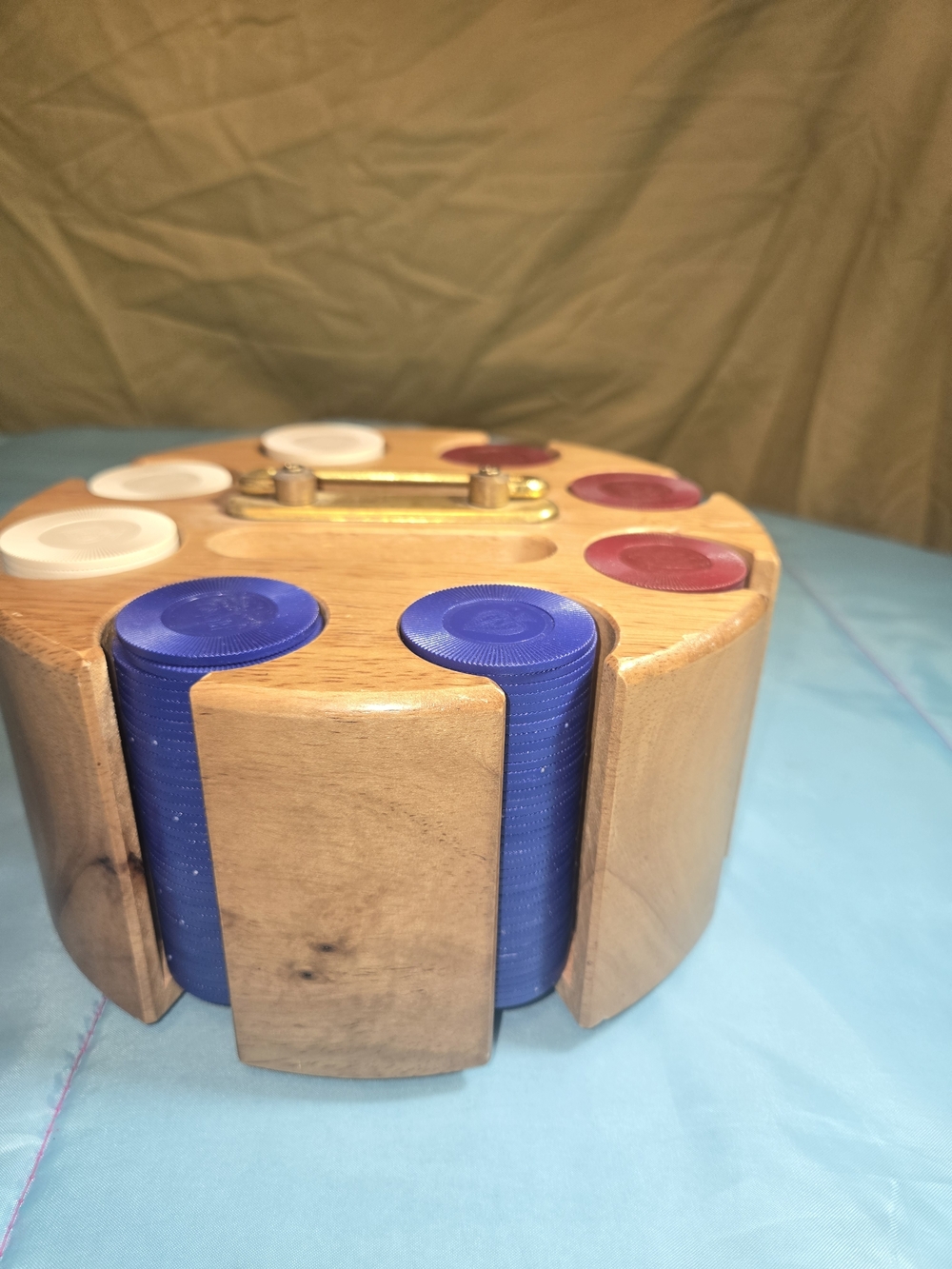 Vintage Wood Poker Chip Carousel Bakelite W/ Bicycle Poker Chips EUC